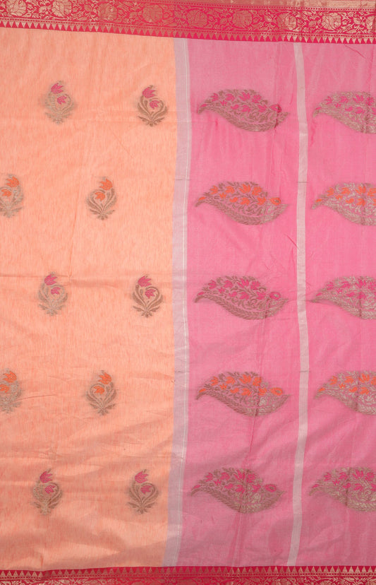 Elegant Weaves Pink and Peach Cotton Silk Saree with Zari Border