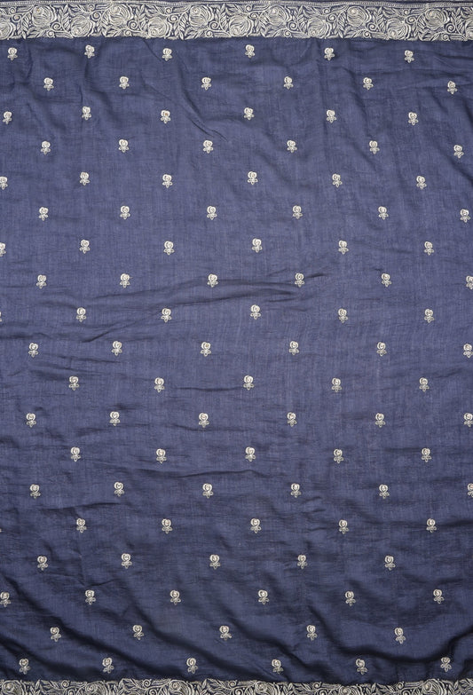 Navy Blue Cotton Embroidered Saree with Intricate Border