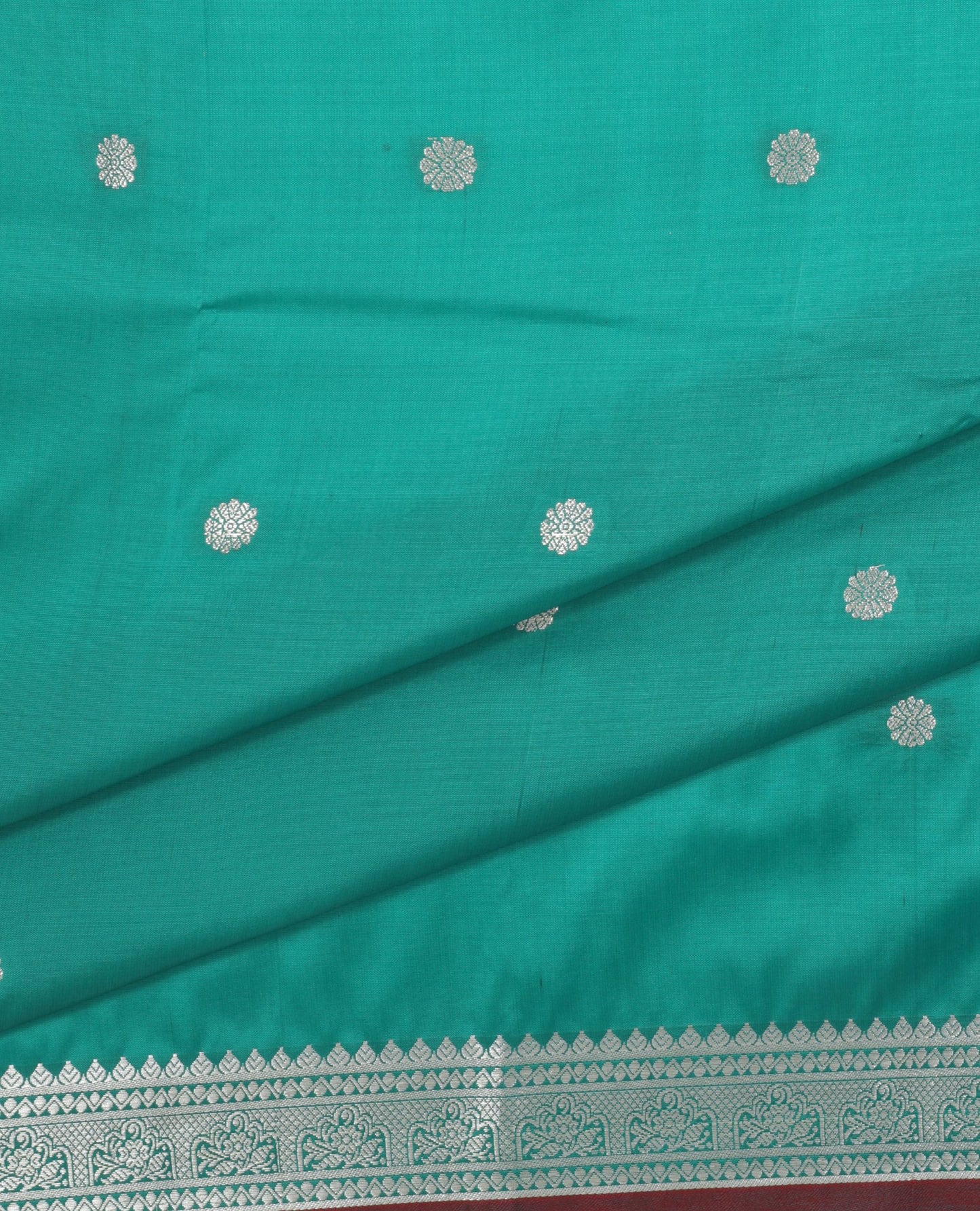 Turquoise and Pink Silk Saree with Silver Zari Work