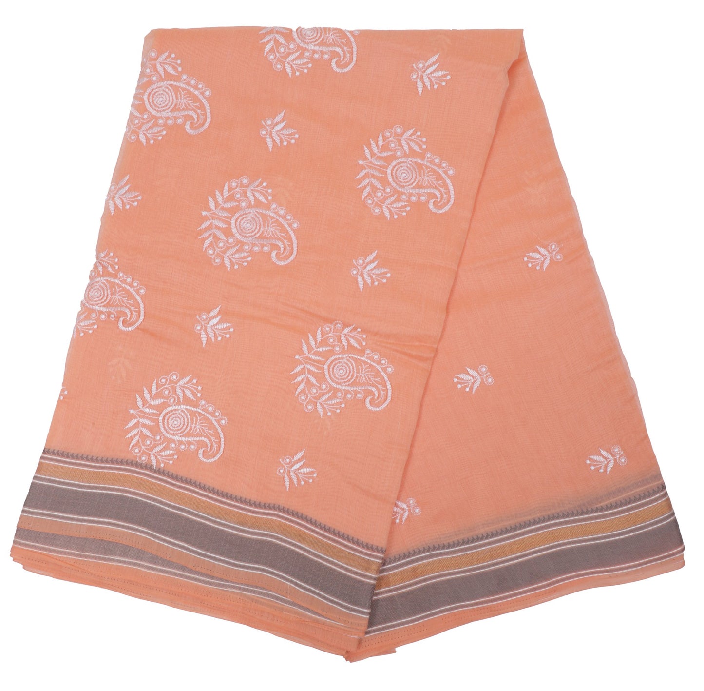 Peach Cotton Embroidered Saree with Paisley Motifs