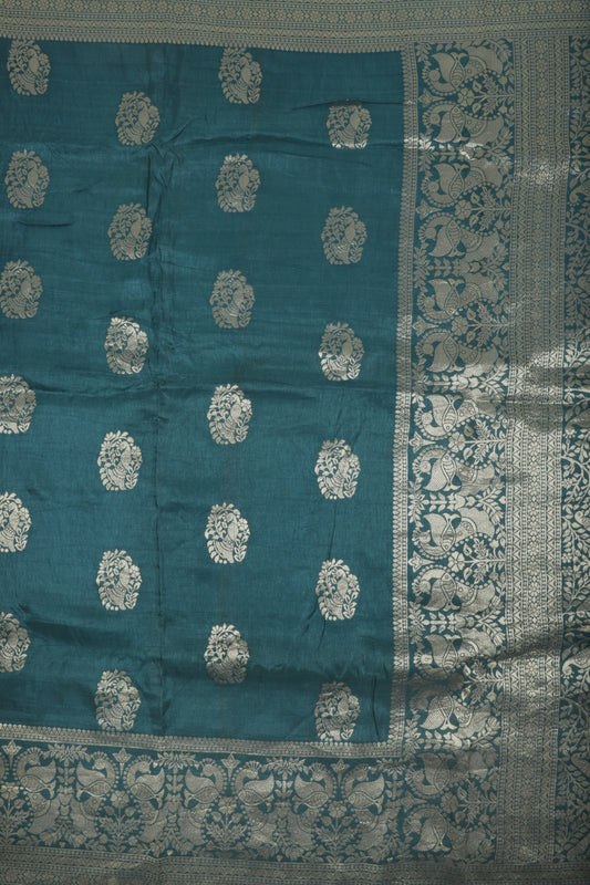 Teal Banarasi Silk Saree with Intricate Silver Zari Work