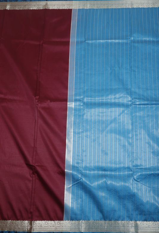 Maroon and Blue Silk Saree with Silver Zari Border
