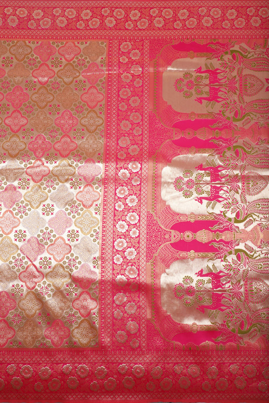 Pink and Gold Banarasi Silk Saree with Intricate Zari Work
