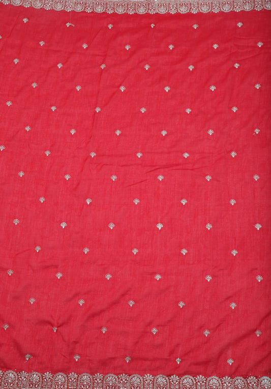 Red Cotton Embroidered Saree with Intricate Silver Border