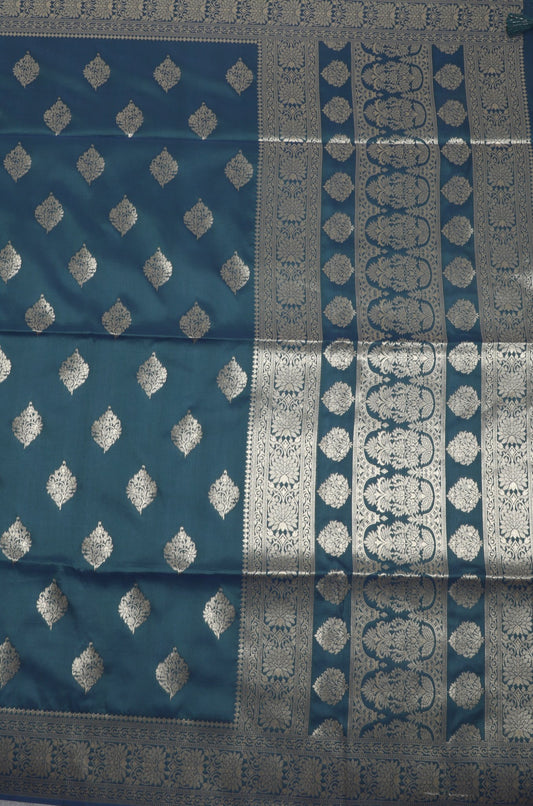 Teal Blue Banarasi Silk Saree with Silver Zari Work