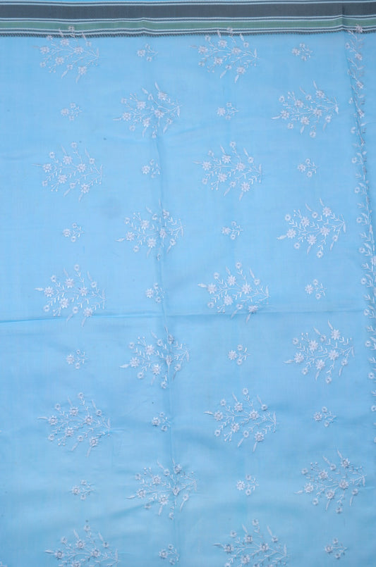 Sky Blue Cotton Chikankari Saree with Striped Border