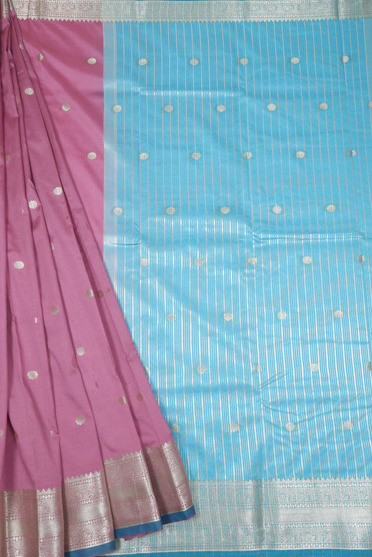 Elegant Weaves Pink and Blue Silk Saree with Silver Zari Work
