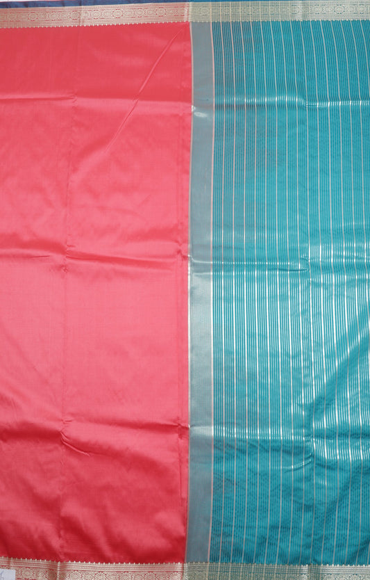 Elegant Weaves Pink and Blue Cotton Silk Saree with Zari Border