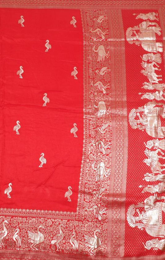 Red Banarasi Silk Saree with Intricate Silver Zari Work