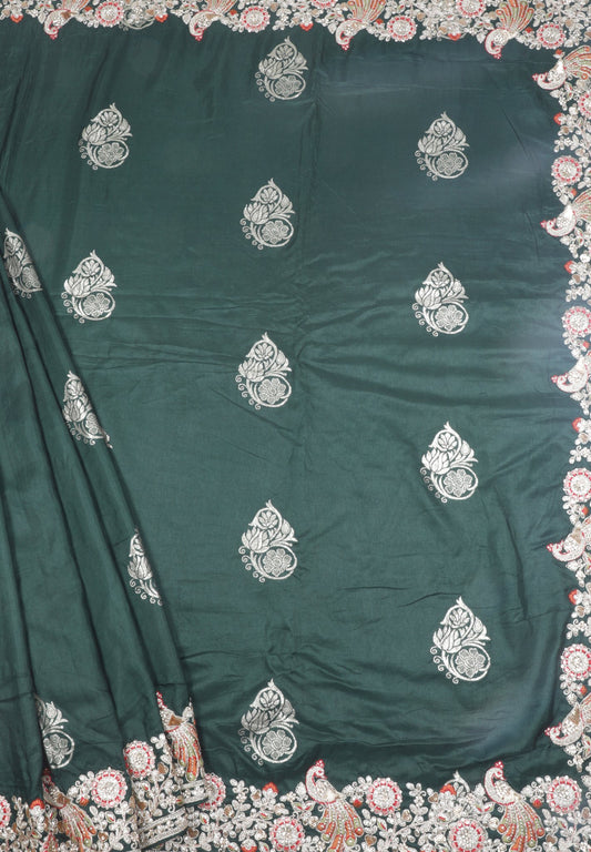 Emerald Green Silk Saree with Intricate Embroidery