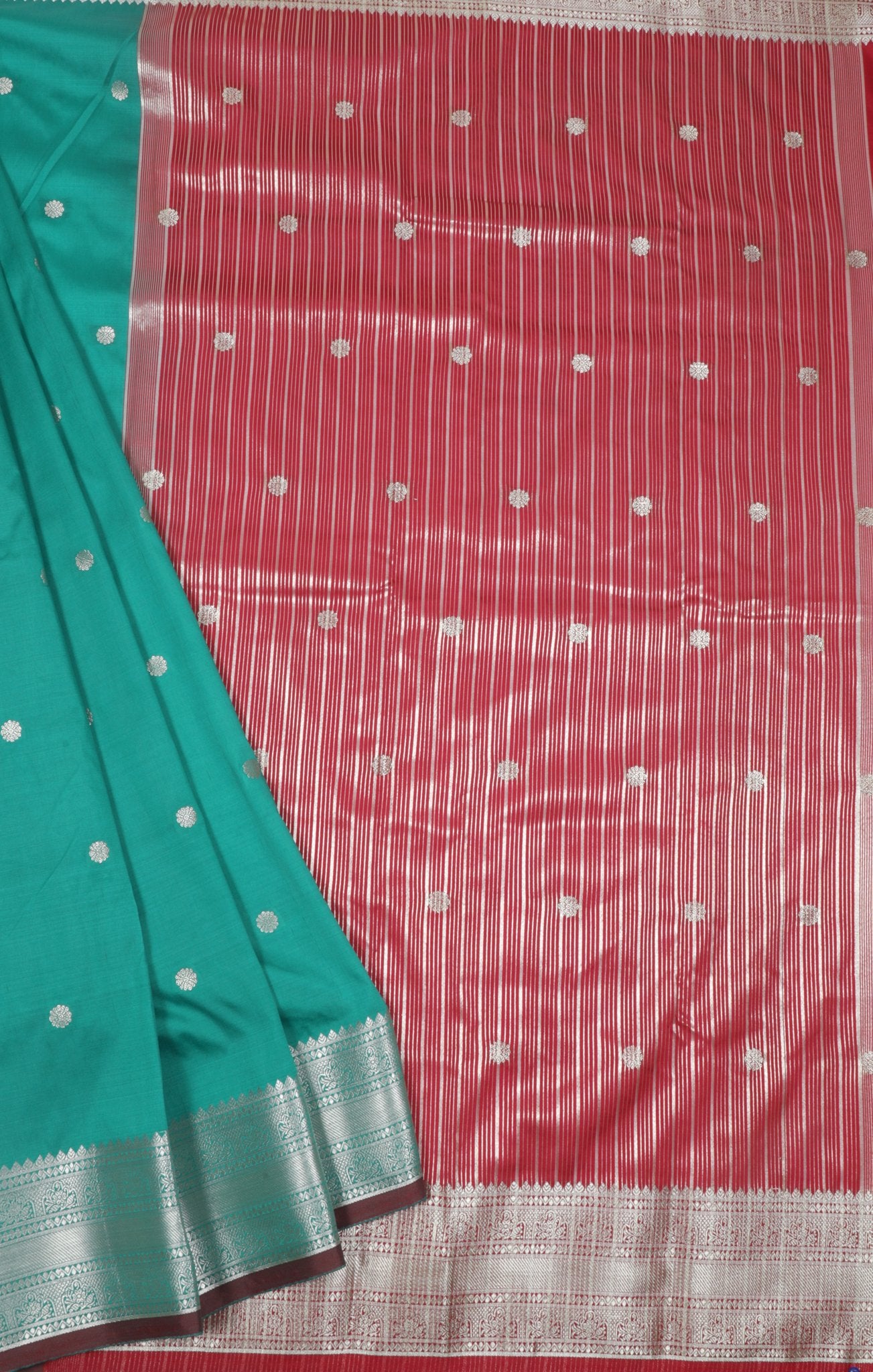 Turquoise and Pink Silk Saree with Silver Zari Work