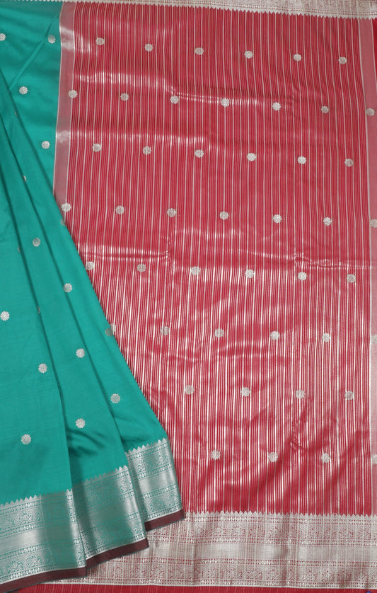 Turquoise and Pink Silk Saree with Silver Zari Work