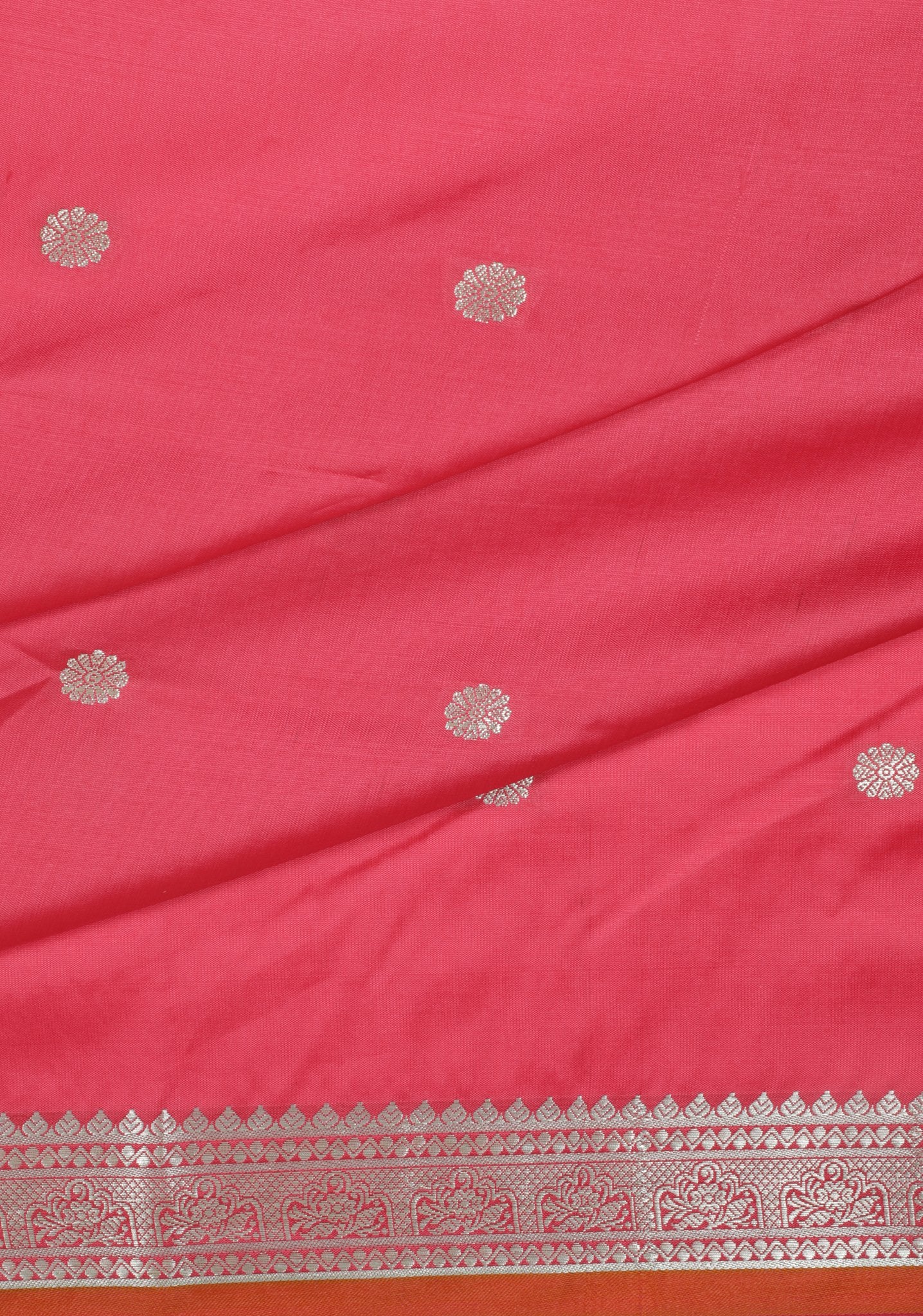 Pink and Orange Silk Saree with Silver Zari Work