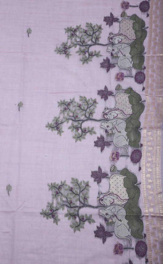 Lavender Organza Saree with Elephant Motif Embroidery