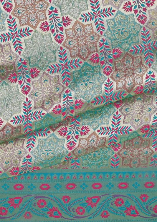 Turquoise Banarasi Silk Saree with Floral Zari Work