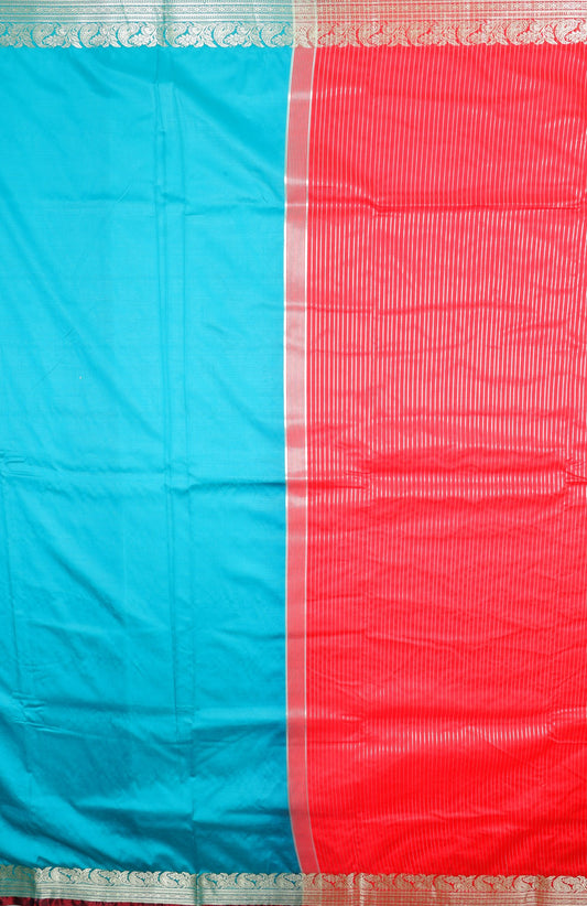 Turquoise and Red Silk Saree with Silver Zari Border