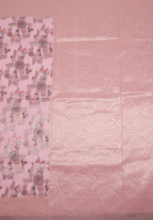 Pink Floral Banarasi Silk Saree with Zari Work