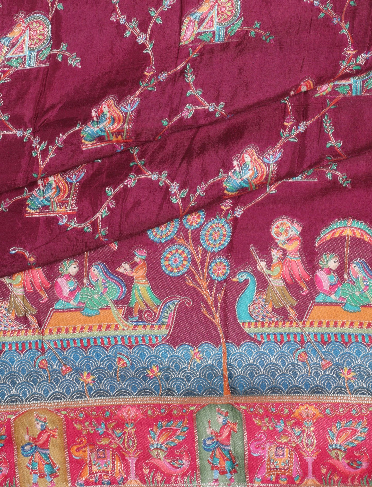 Exquisite Maroon Silk Saree with Intricate Mythological Motifs