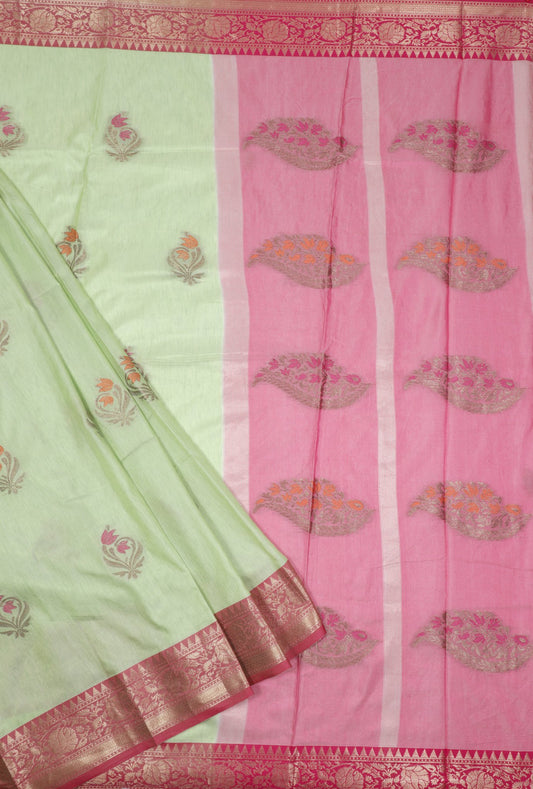 Pink and Green Organza Saree with Zari Work