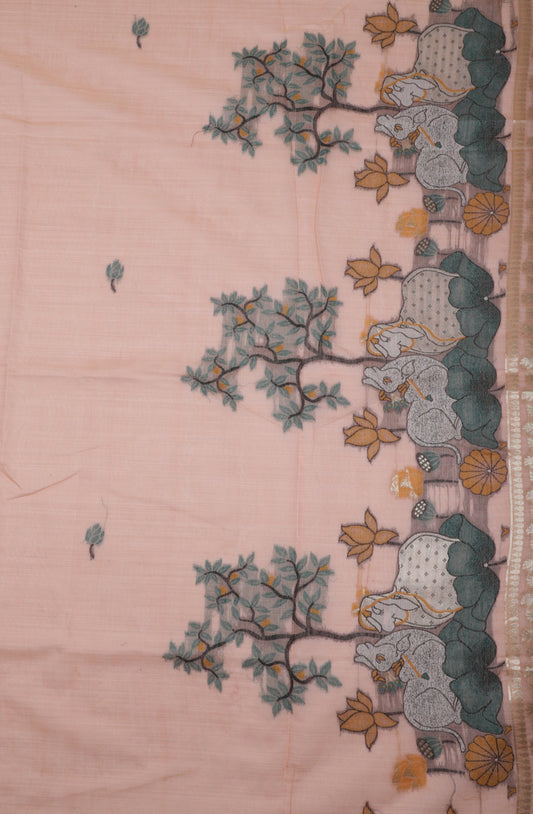 Pastel Pink Handwoven Cotton Saree with Artistic Motifs