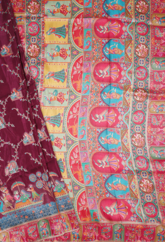 Exquisite Maroon Silk Saree with Intricate Mythological Motifs