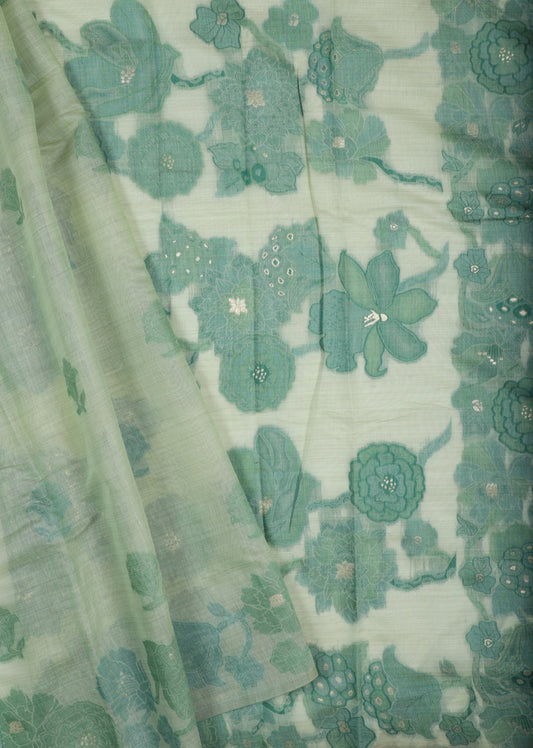 Pastel Green Organza Floral Embroidered Saree