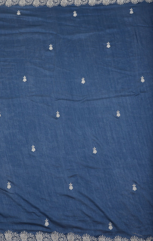 Navy Blue Cotton Embroidered Saree with Lace Border