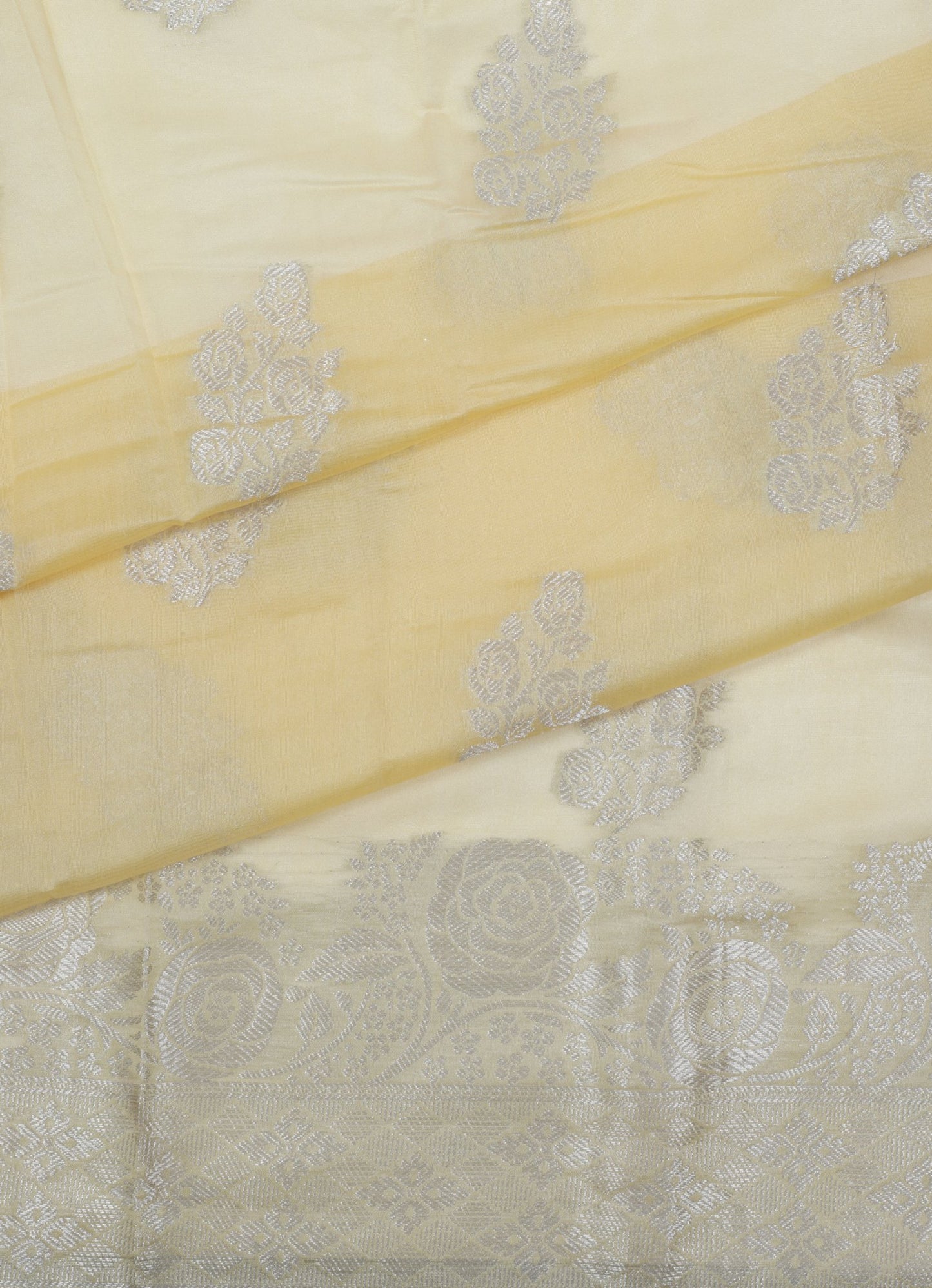 Elegant Weaves Light Yellow Banarasi Silk Saree with Silver Zari Work