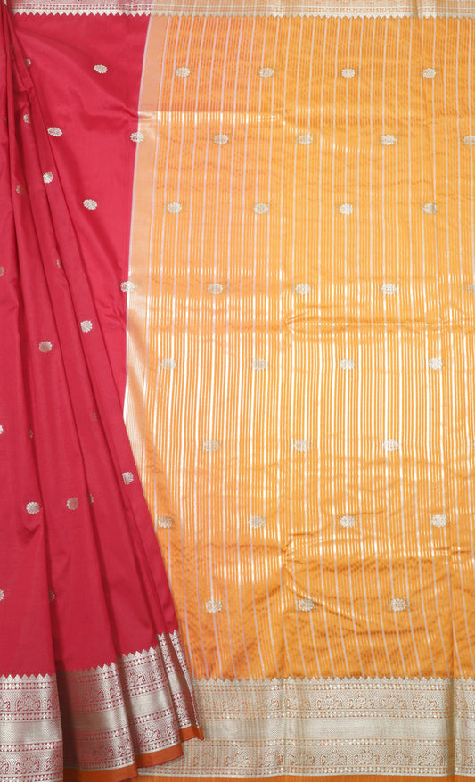 Elegant Weaves Pink and Orange Silk Saree with Silver Zari Work
