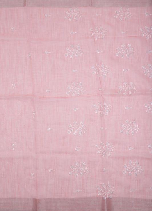 Charming Pink Chiffon Saree with White Floral Embroidery