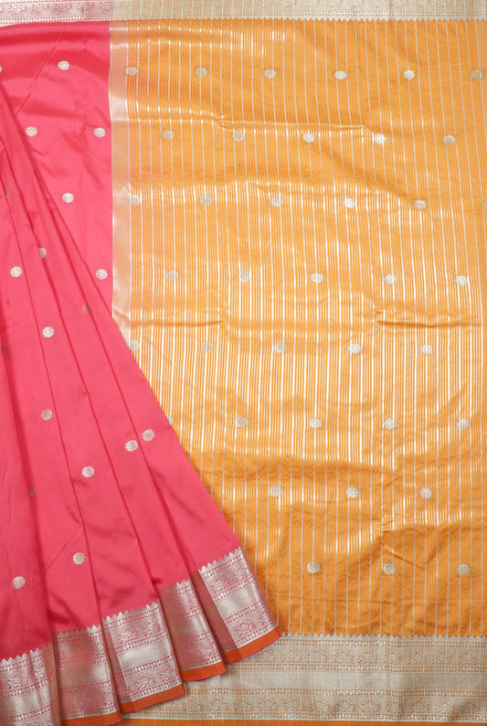 Pink and Orange Silk Saree with Silver Zari Work