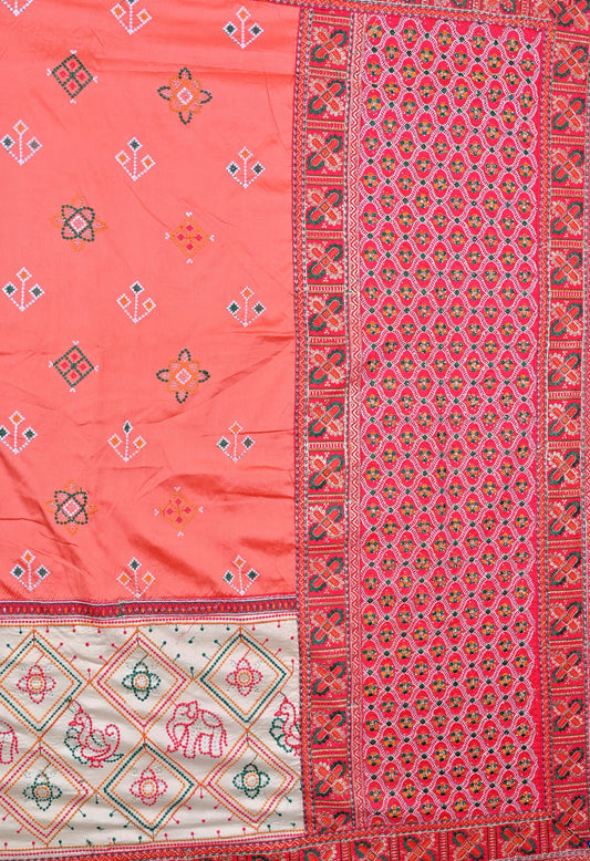 Coral Silk Saree with Intricate Embroidery