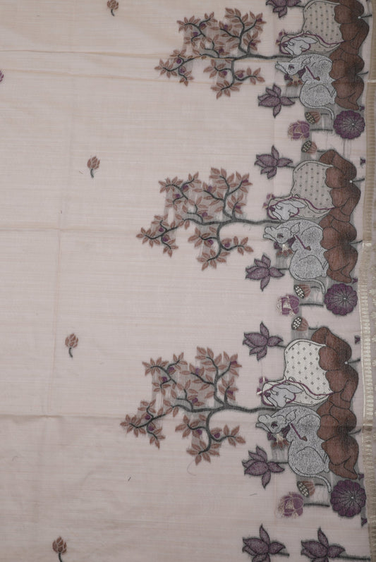 Elegant Weaves Handwoven Organza Saree with Floral and Elephant Motifs