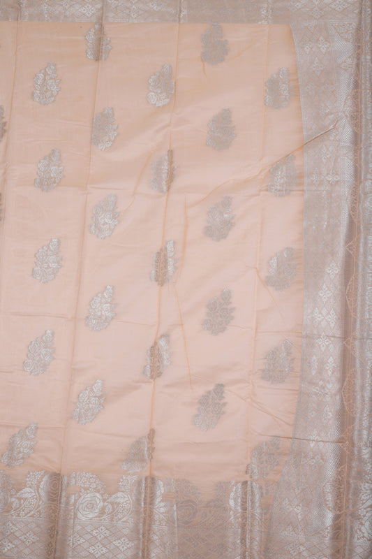 Peach Silk Saree with Silver Zari Floral Motifs