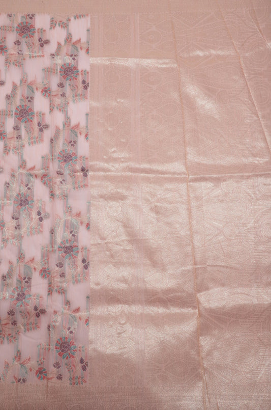 Pastel Pink Floral Banarasi Silk Saree