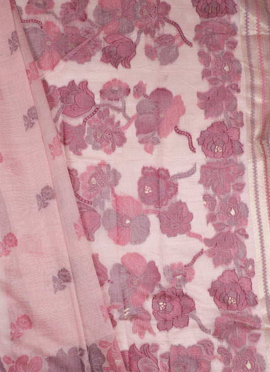Pastel Pink Floral Cotton Saree