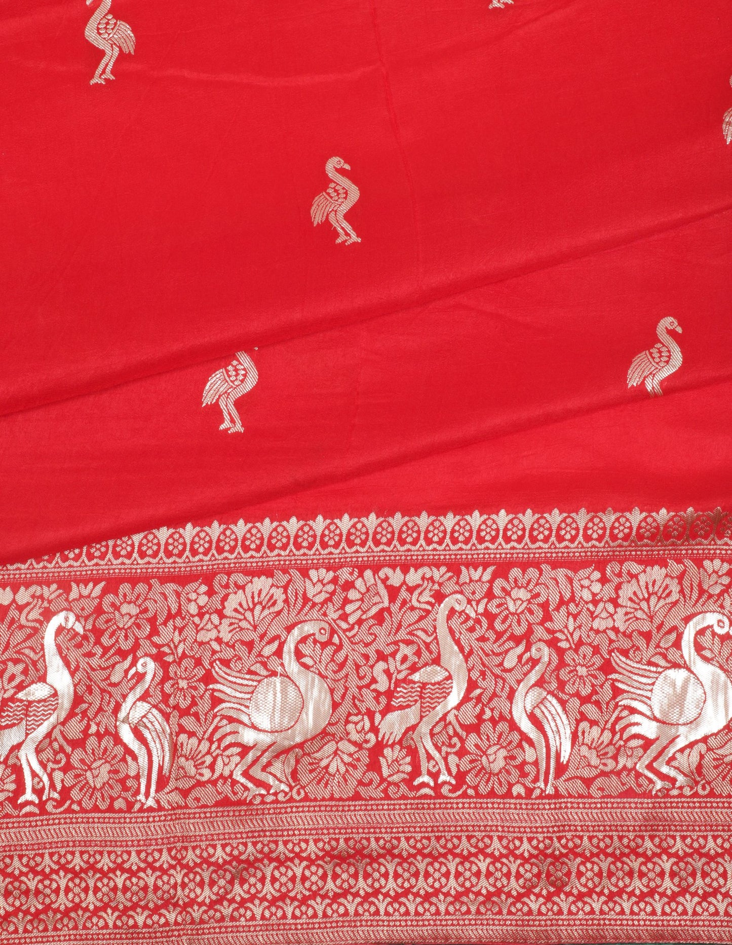 Red Banarasi Silk Saree with Intricate Silver Zari Work