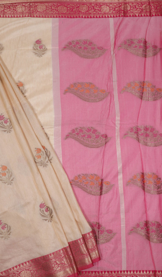 Cream and Pink Silk Saree with Zari Border