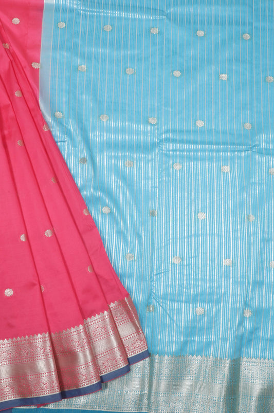 Pink and Blue Silk Saree with Silver Zari Work