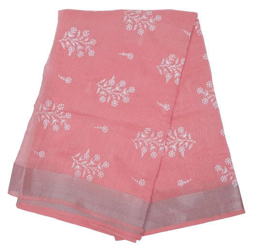 Charming Pink Chiffon Saree with White Floral Embroidery