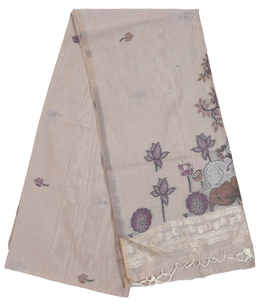 Elegant Weaves Handwoven Organza Saree with Floral and Elephant Motifs