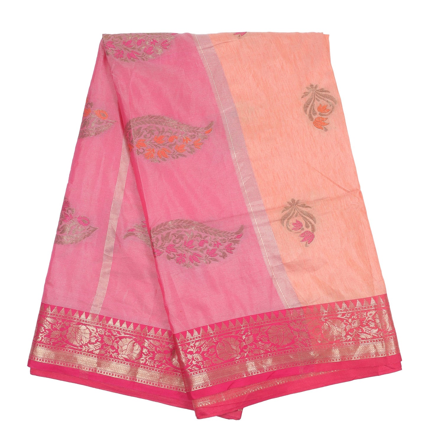 Elegant Weaves Pink and Peach Cotton Silk Saree with Zari Border