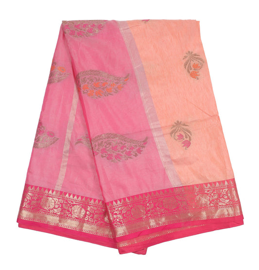 Elegant Weaves Pink and Peach Cotton Silk Saree with Zari Border