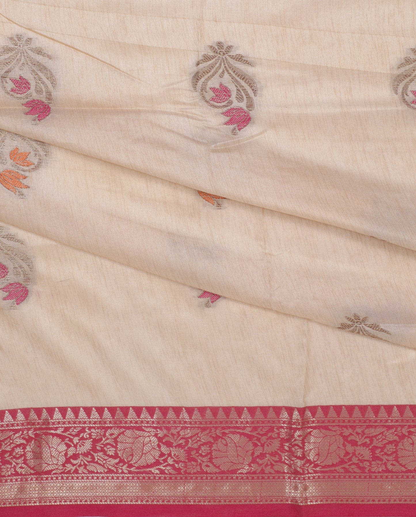 Cream and Pink Silk Saree with Zari Border