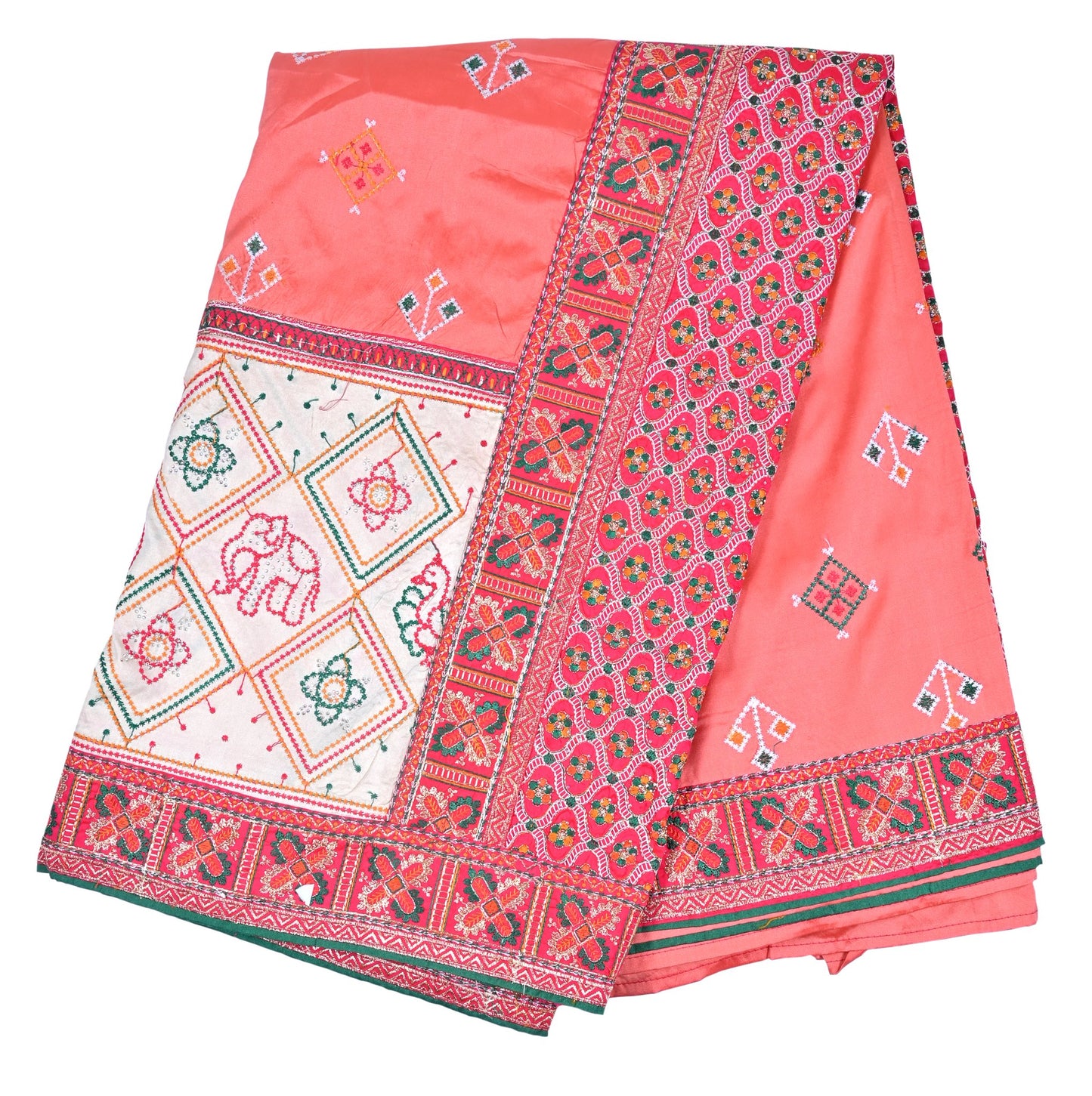 Coral Silk Saree with Intricate Embroidery
