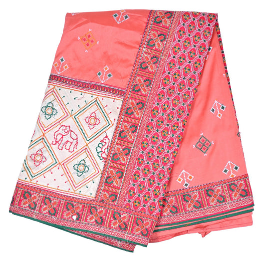 Coral Silk Saree with Intricate Embroidery
