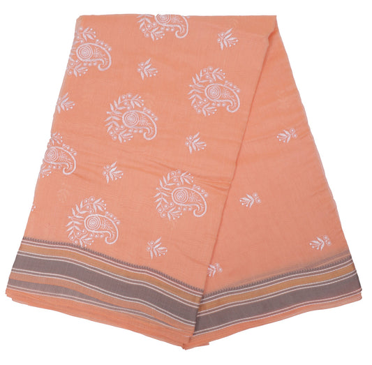 Peach Cotton Embroidered Saree with Paisley Motifs