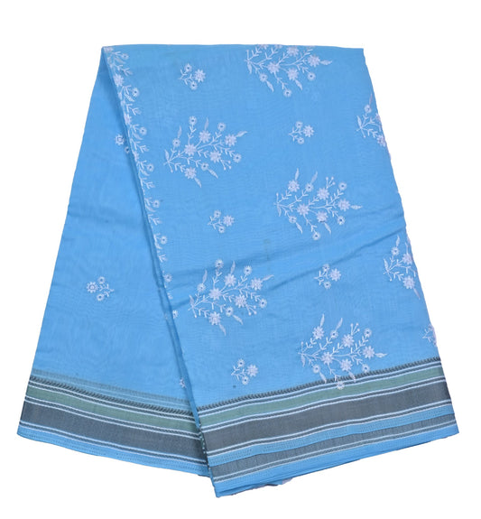 Sky Blue Cotton Chikankari Saree with Striped Border