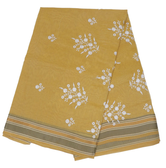 Mustard Yellow Cotton Embroidered Saree