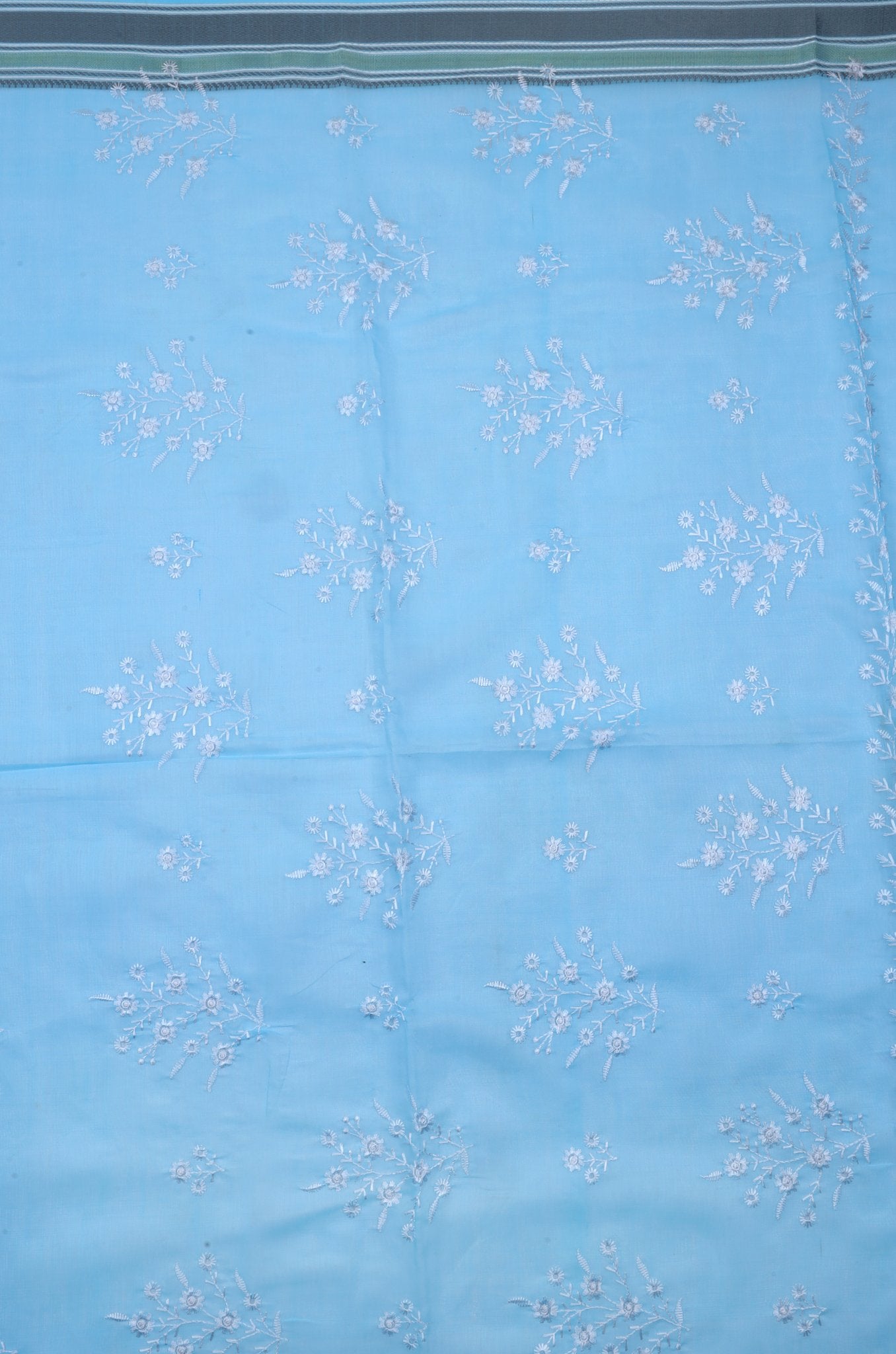 Sky Blue Cotton Chikankari Saree with Striped Border